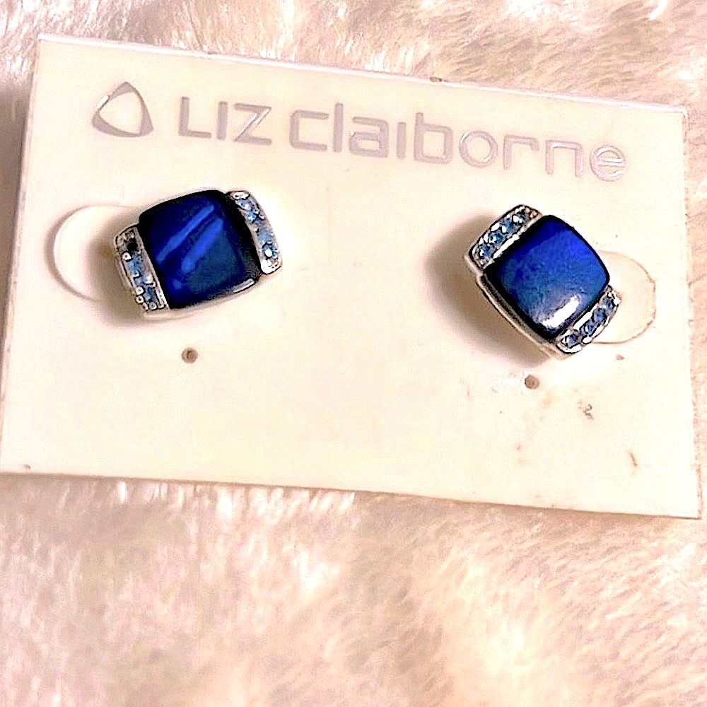 🔴 CLEARANCE LIZ CLAIBORNE 💙 SILVER BLUE STONE & RHINESTONES PIERCED EARRINGS - Picture 3 of 7